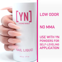 Young Nails Monomer pour demonstrates clean handling and smooth flow for even acrylic application
