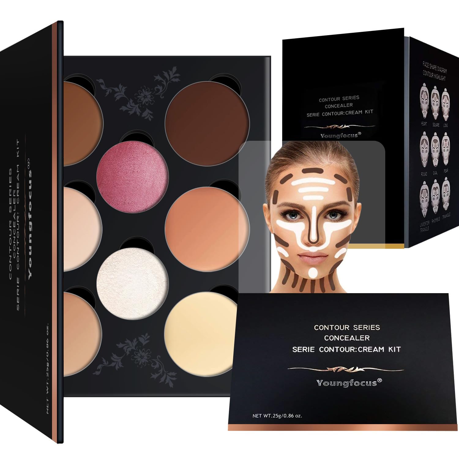 Youngfocus contour palette with eight shades open for customizable sculpting.