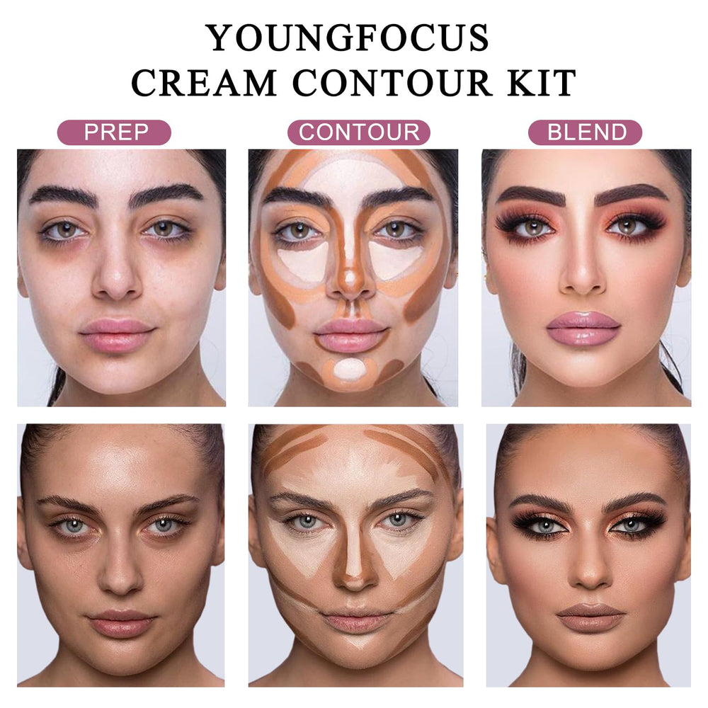 Youngfocus contour swatches display blendable tones for shading and highlighting.