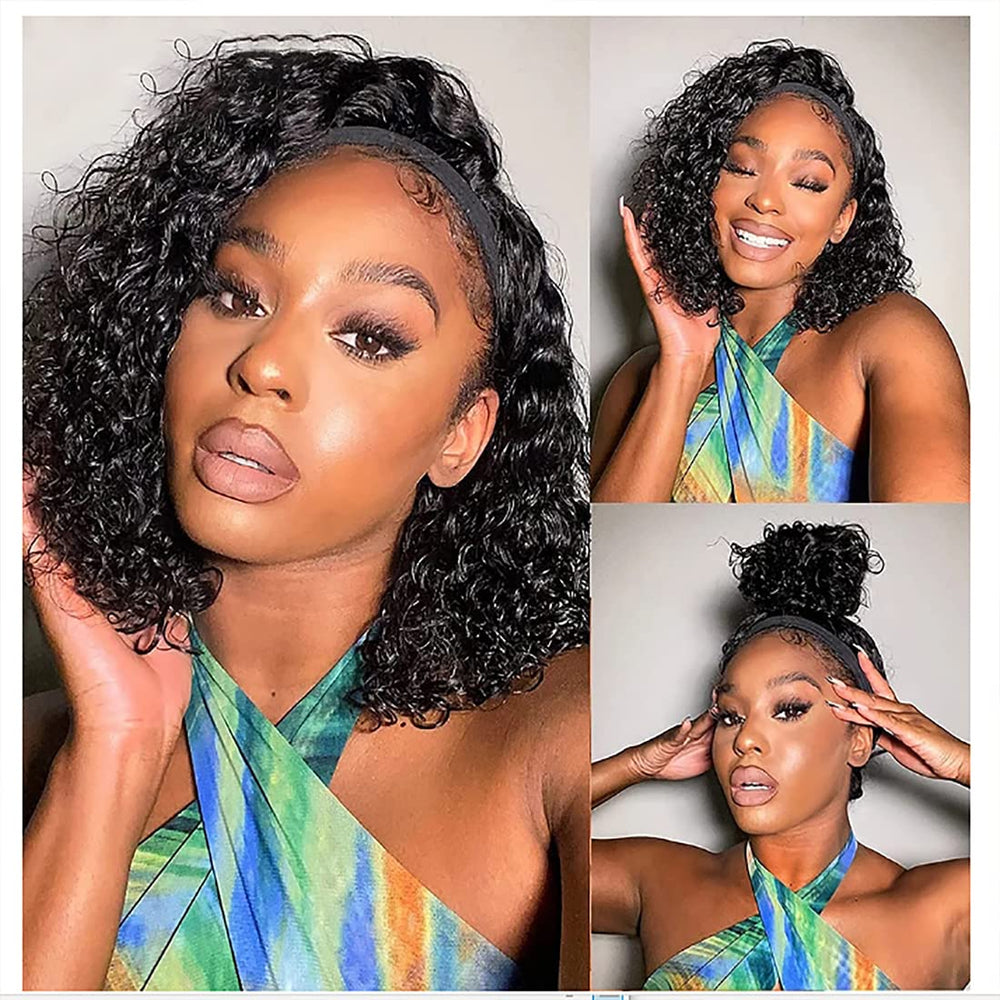 Youngirl curly headband wig 12 inch natural black texture close-up