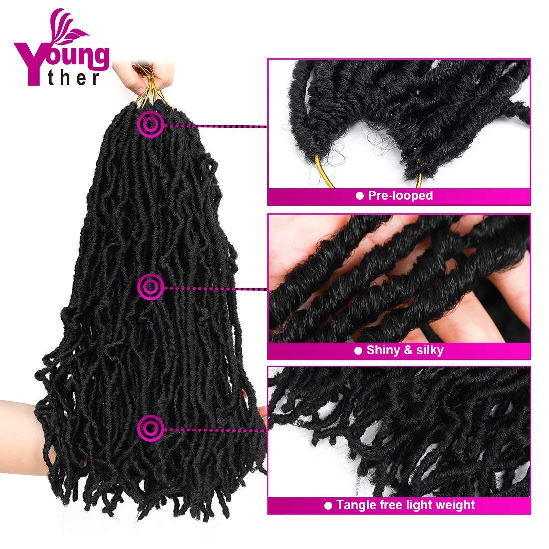 Youngther faux locs crochet hair 24-inch bundle demonstrates full, voluminous look.