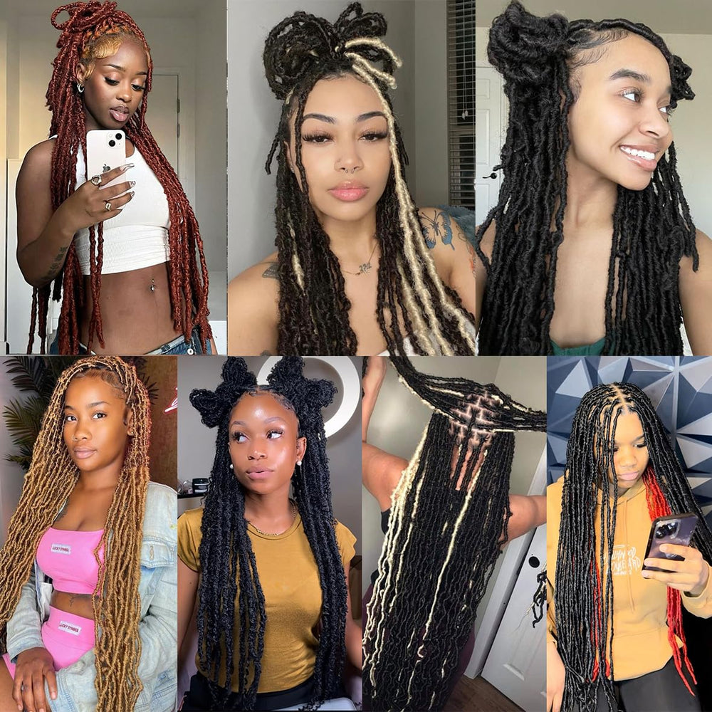 Model wearing Youngther 24-inch faux locs shows natural butterfly-loc silhouette.