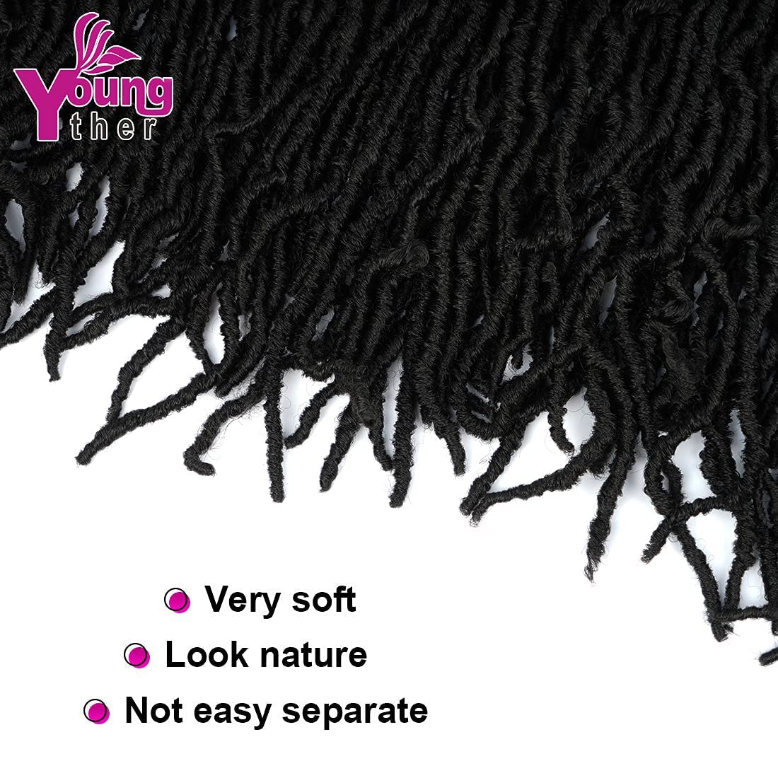 Seven-pack Youngther locs with 12 strands per pack for dense fullness.
