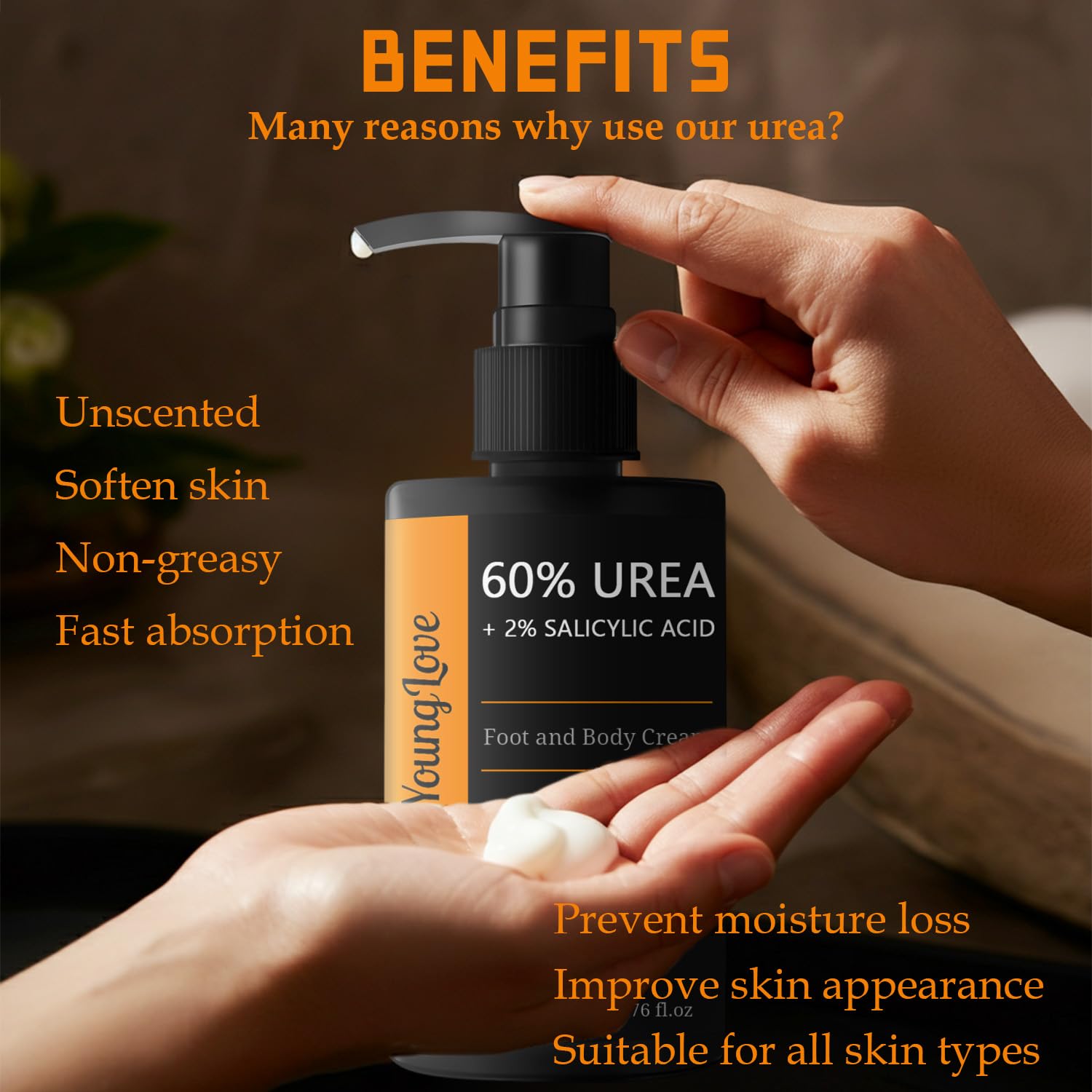 YOUNGYOUNGLOVE 60% urea with 2% salicylic acid exfoliates dry skin near the pump bottle.