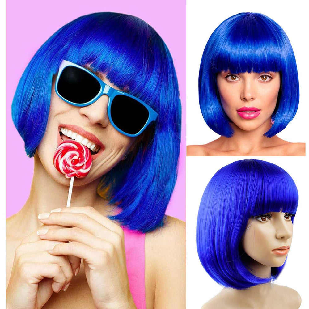 YOUNIGA blue bob wig side view, lightweight synthetic fiber for comfortable all-day wear