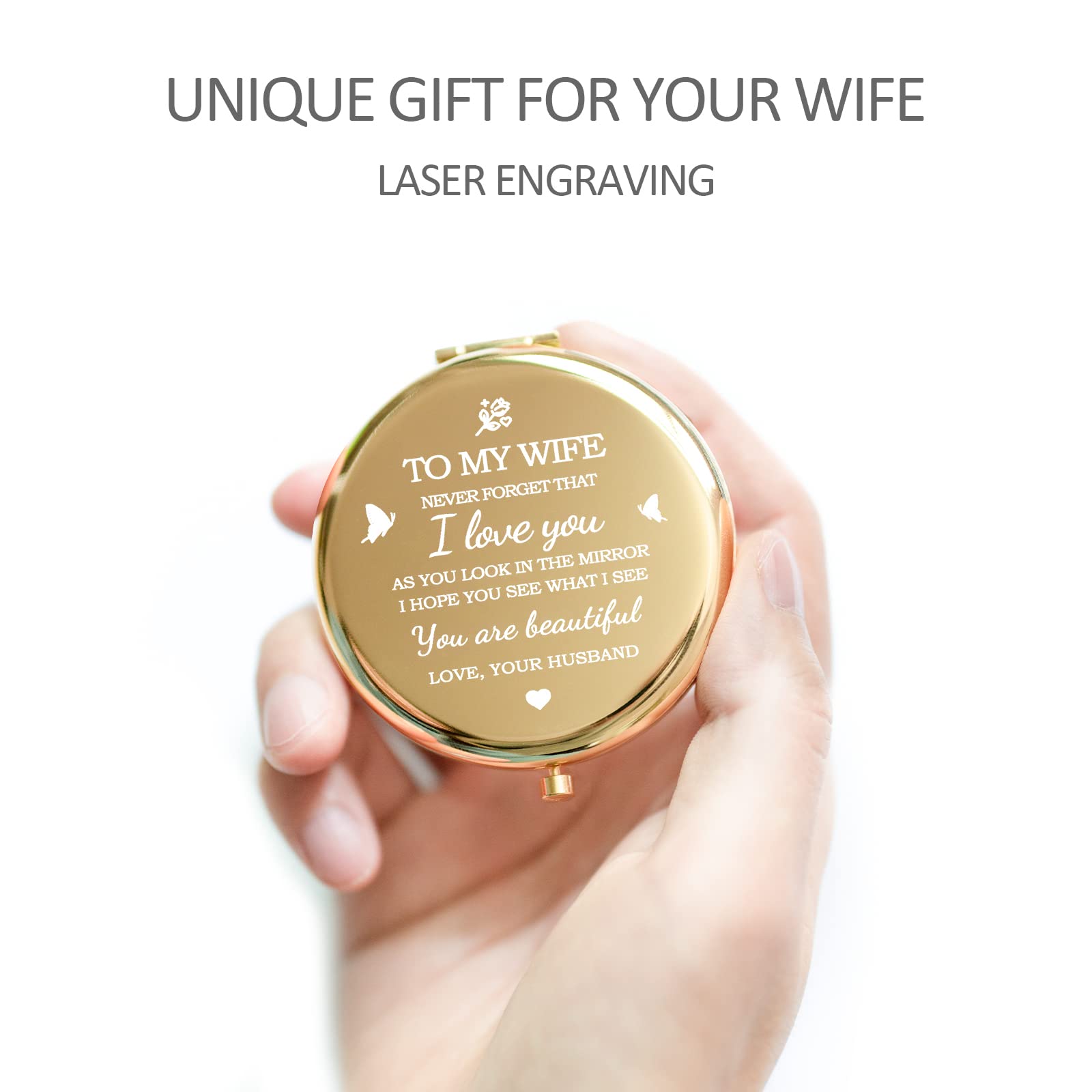 Yountown gold compact mirror back reveals laser-engraved sentimental message