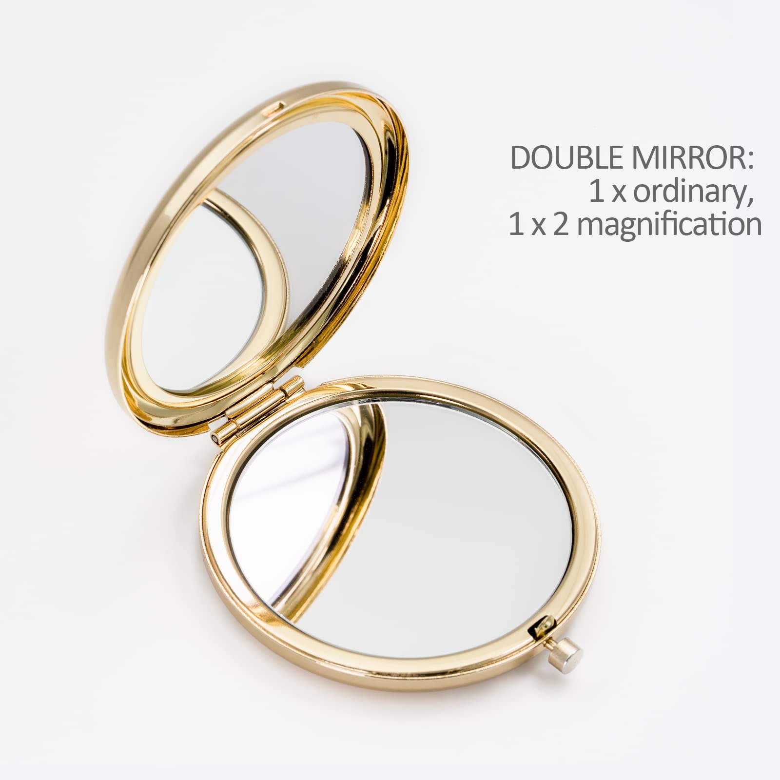 Yountown gold compact mirror in a makeup bag for on-the-go touch-ups