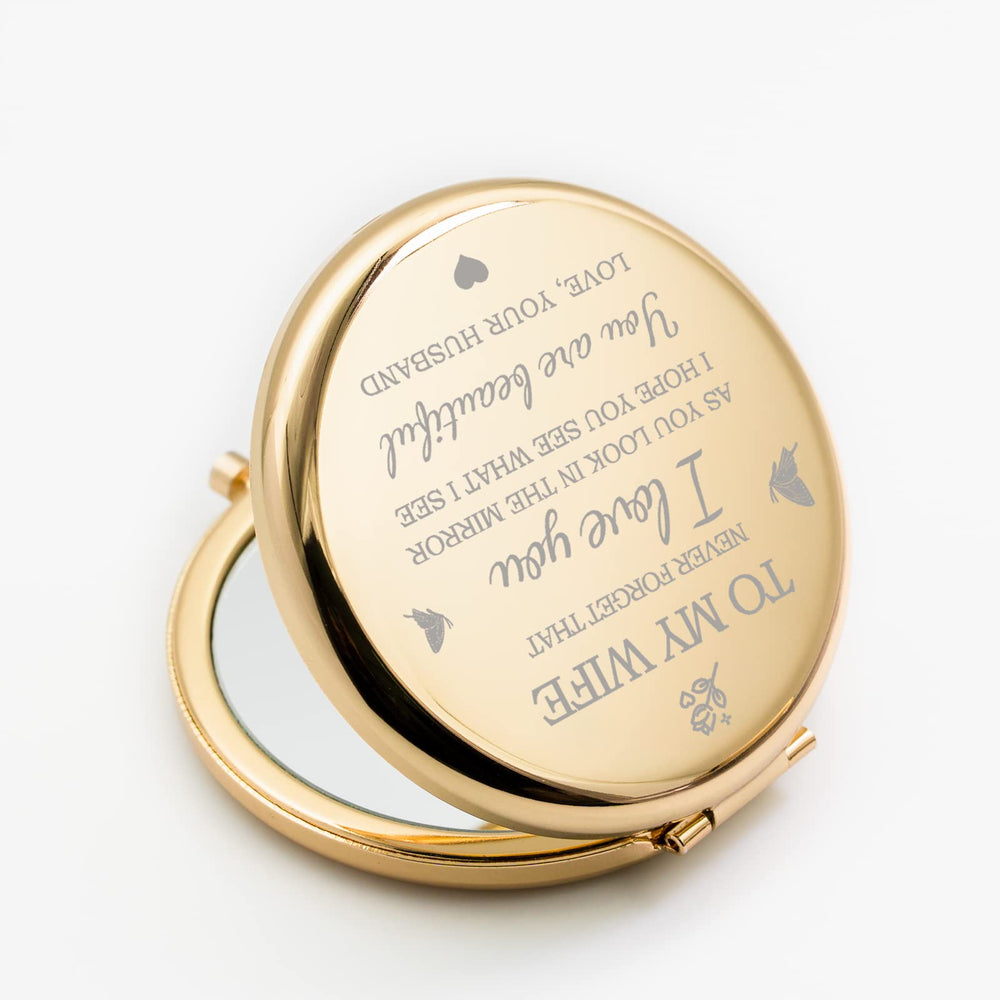 Yountown gold compact mirror packaging ready as a thoughtful anniversary gift