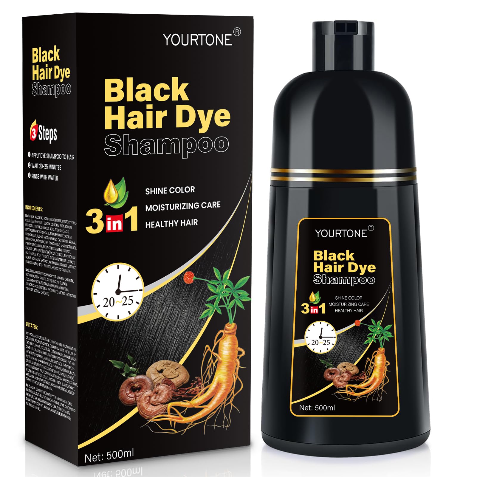 YOURTONE Black Hair Dye Shampoo bottle close-up—easy at-home color solution.