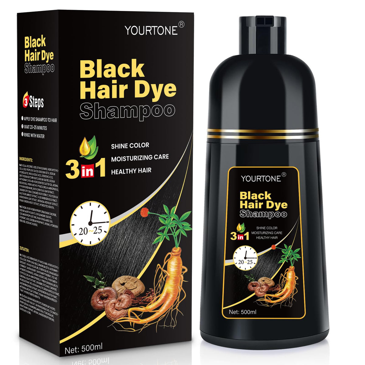 YOURTONE Black Hair Dye Shampoo bottle close-up—easy at-home color solution.