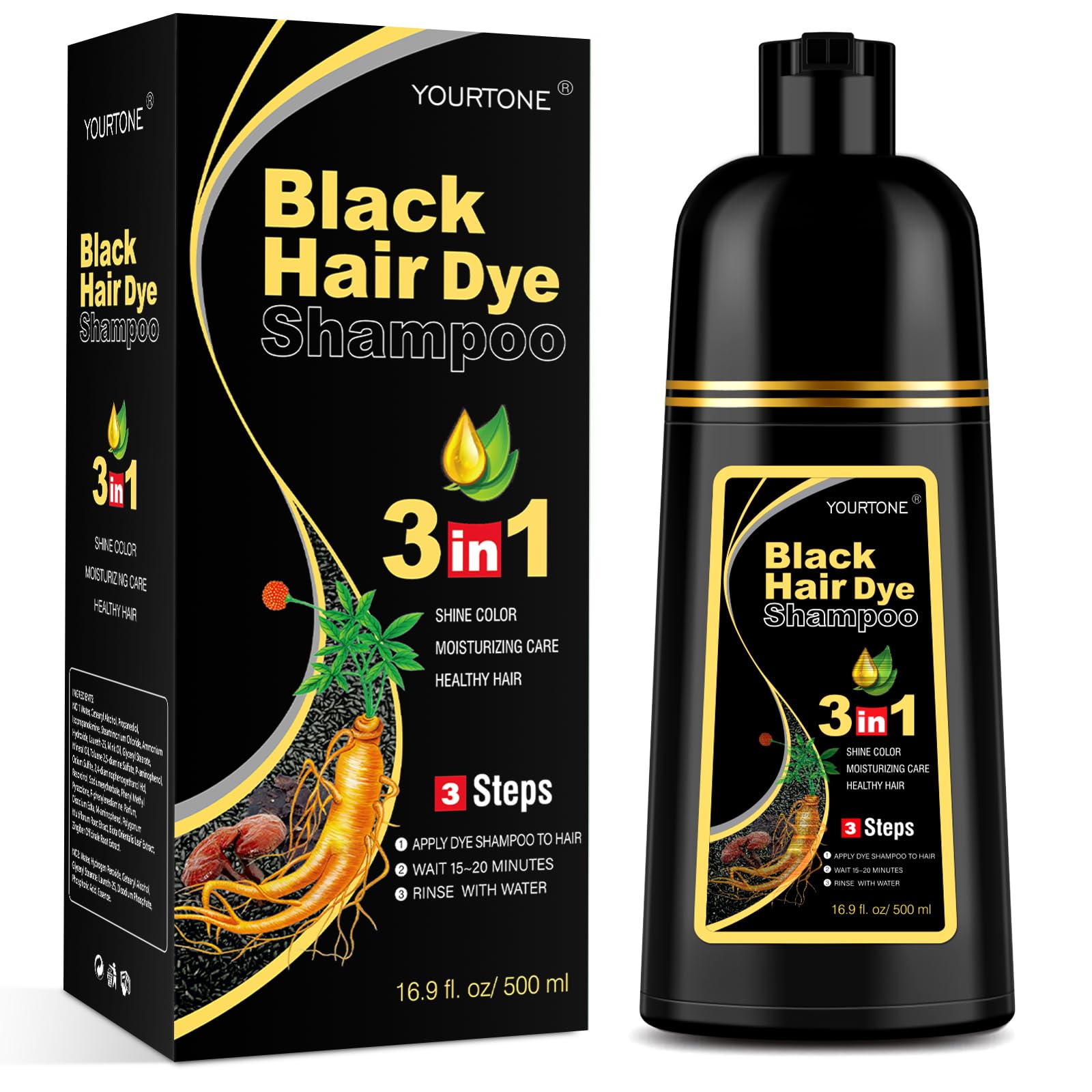 YOURTONE black hair dye shampoo bottle demonstrates the 3 in 1 formula for at home color