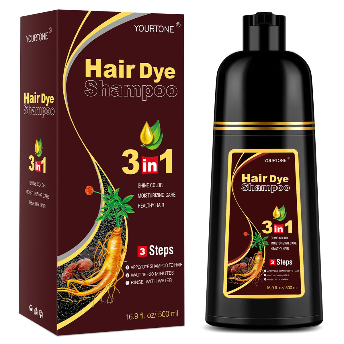 YOURTONE dark brown hair dye shampoo bottle for at-home gray coverage