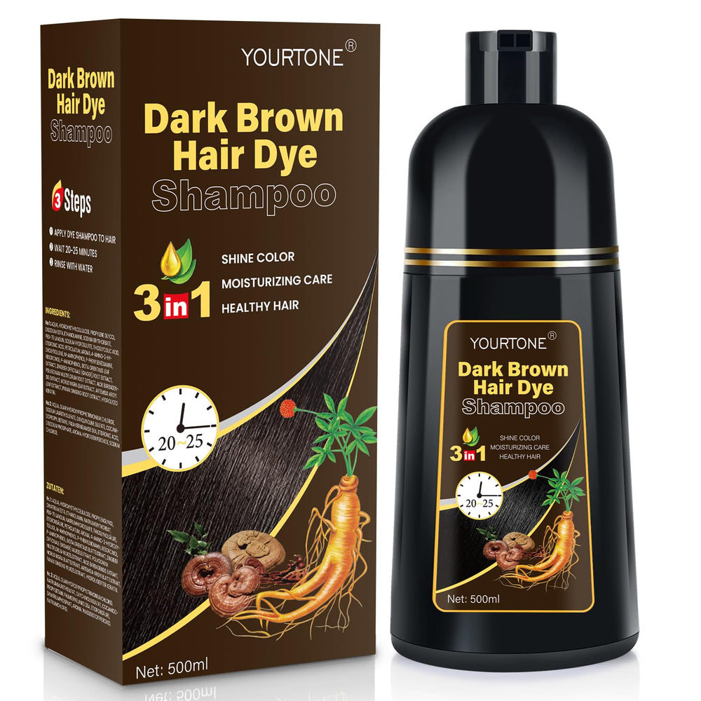 YOURTONE Dark Brown Hair Dye Shampoo packaging shows a 500ml bottle for home use.