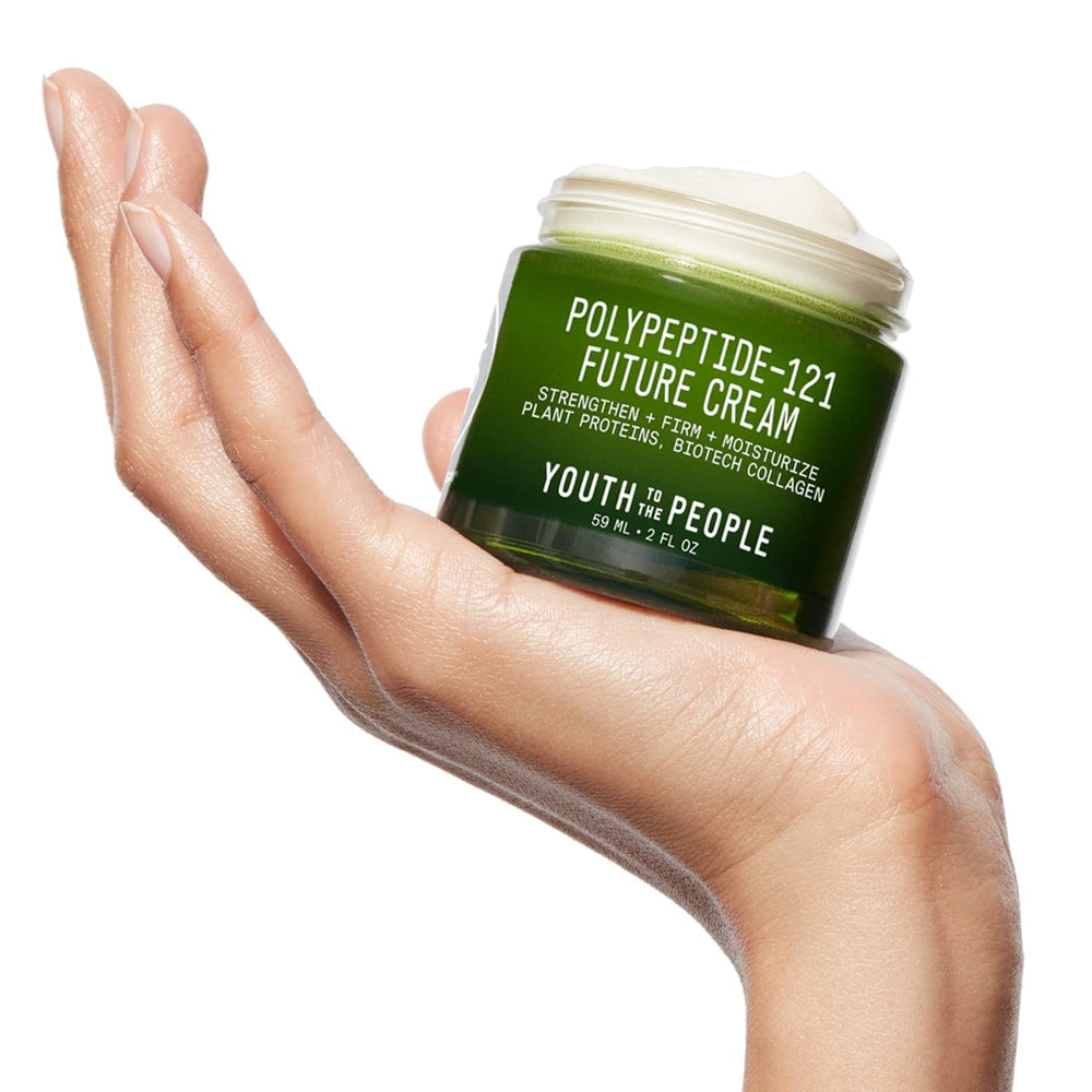 Youth To The People 121-Polypeptide Future Cream fragrance-free label signals sensitive-skin compatibility.
