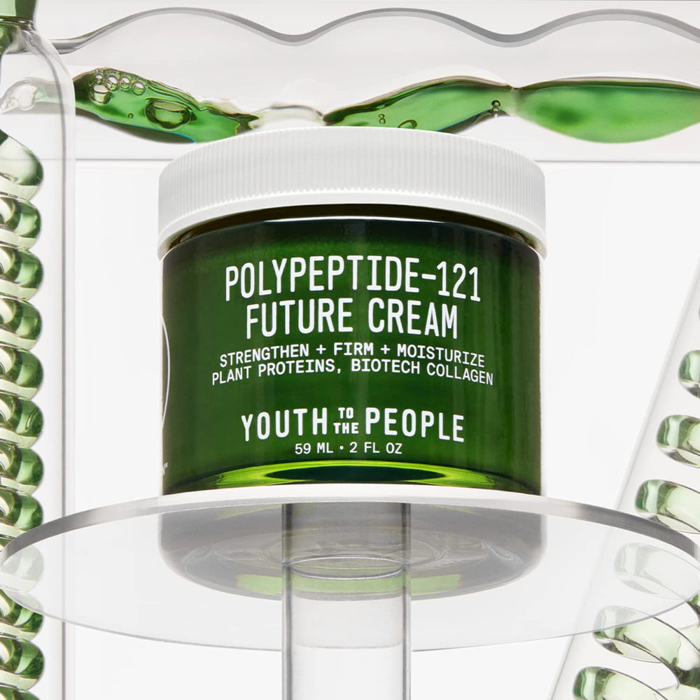 Youth To The People 121-Polypeptide Future Cream jar closeup highlights cushiony texture and dewy finish.