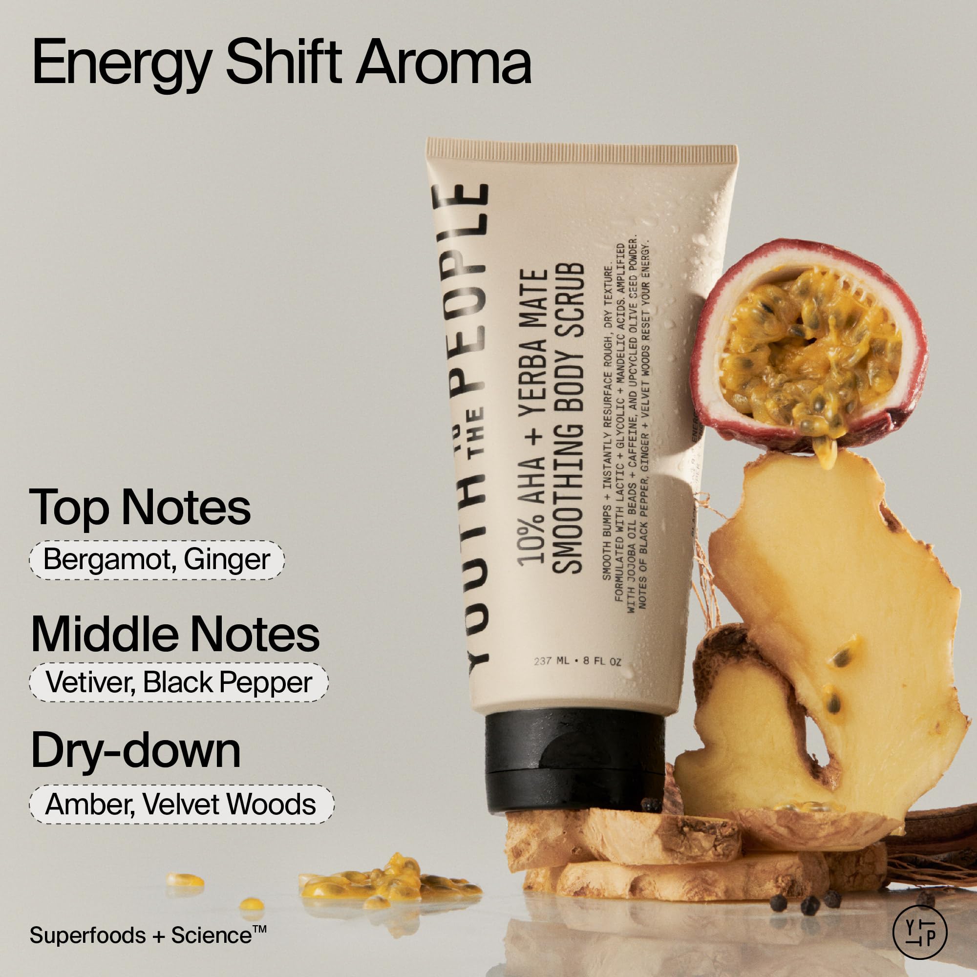 Youth To The People energy scrub upcycled olive seed powder closeup shows gentle exfoliation