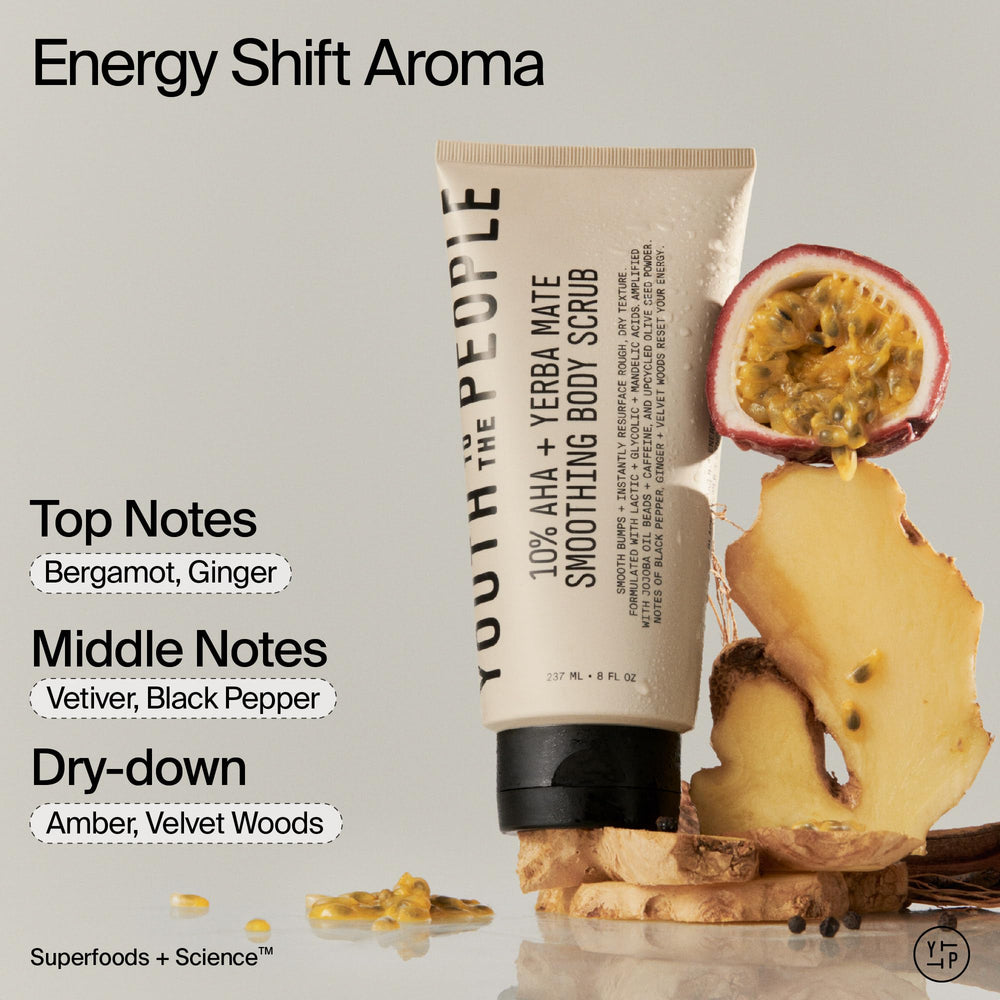 Youth To The People energy scrub upcycled olive seed powder closeup shows gentle exfoliation