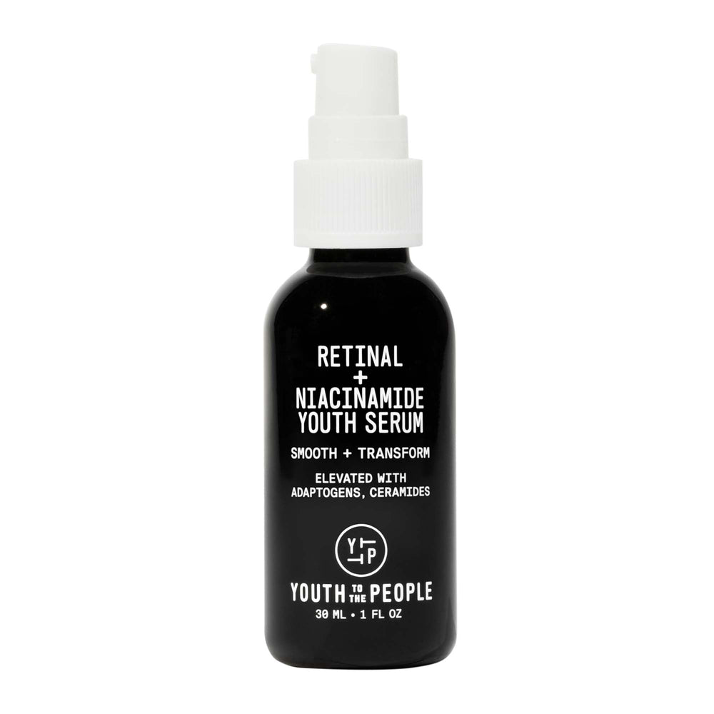 Youth To The People retinal-niacinamide serum bottle closeup highlighting premium nightly formula