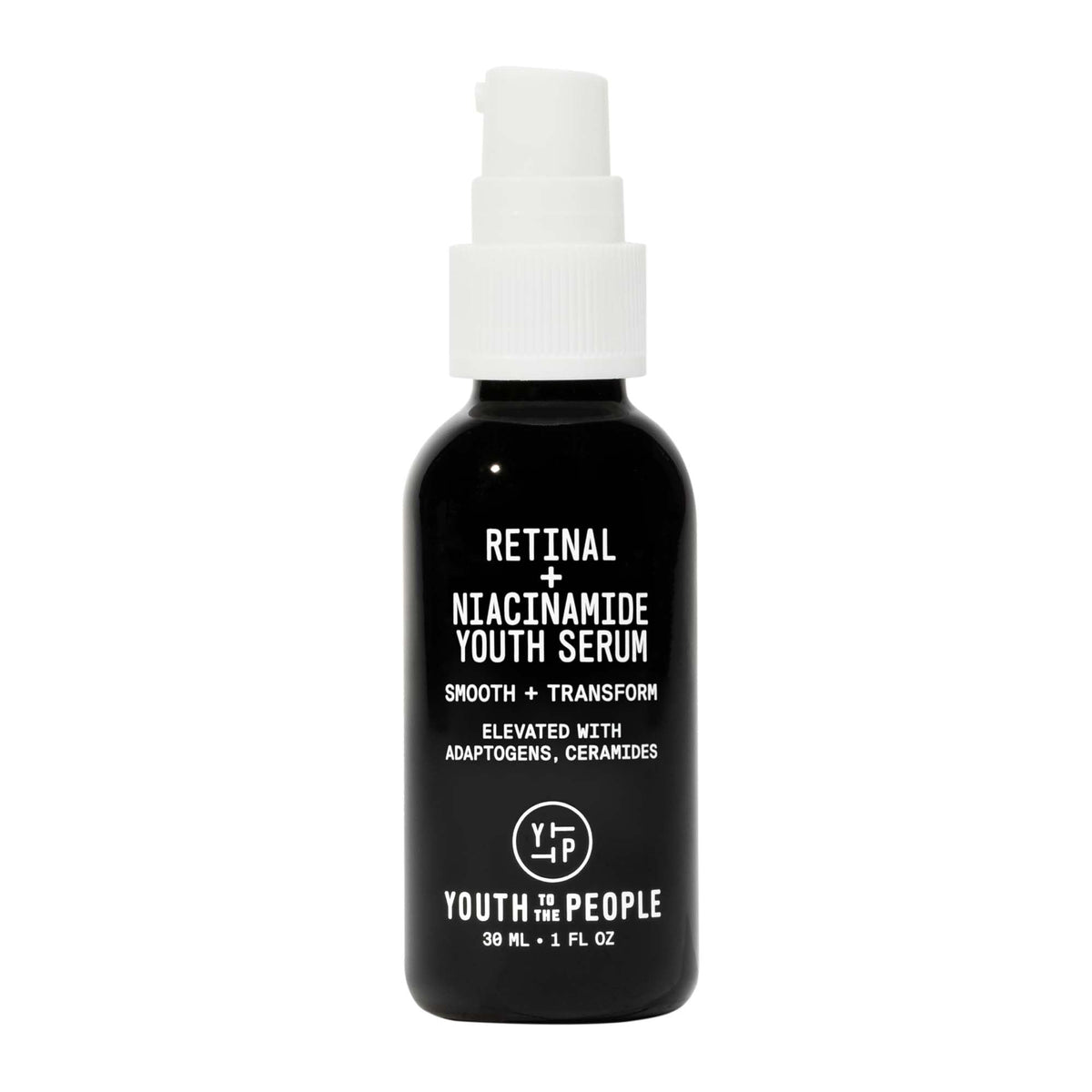 Youth To The People retinal-niacinamide serum bottle closeup highlighting premium nightly formula