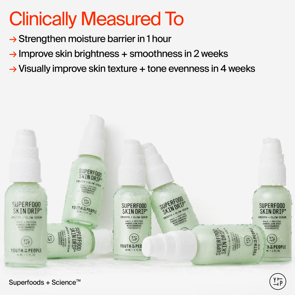 Youth To The People Skin Drip milky texture close-up showing quick absorption and dewy finish.