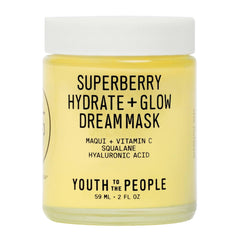 Youth To The People Superberry Dream Mask jar shows rich, hydrating night treatment for dry skin.