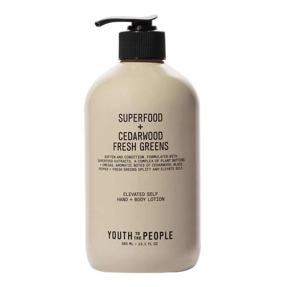 Youth To The People hand + body lotion bottle closeup emphasizes deep hydration.