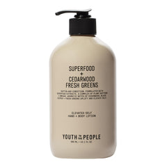 Youth To The People hand + body lotion bottle closeup emphasizes deep hydration.