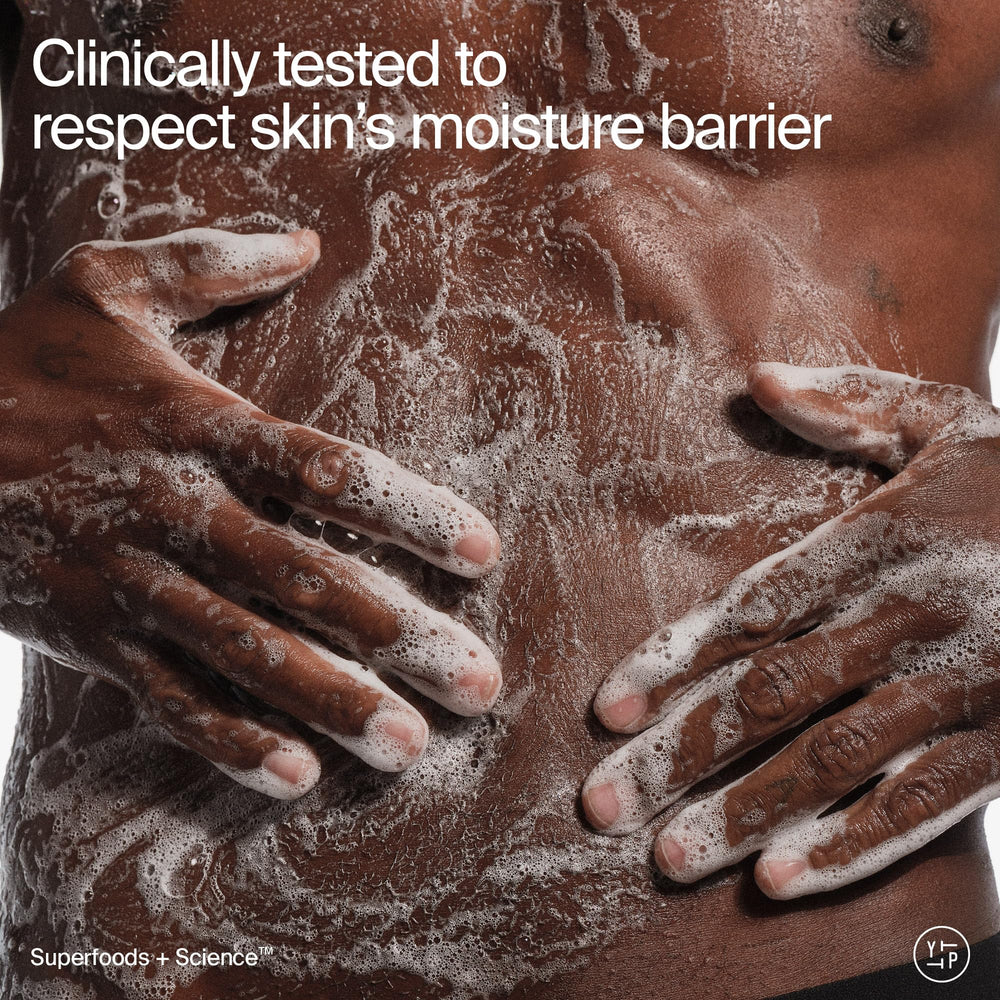 Youth To The People body wash foam-application shows rich lather for quick cleansing