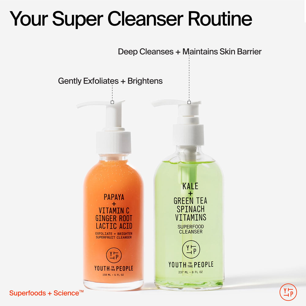 Youth To The People Superfruit Cleanser travel daily-use steps depiction, simple routine.