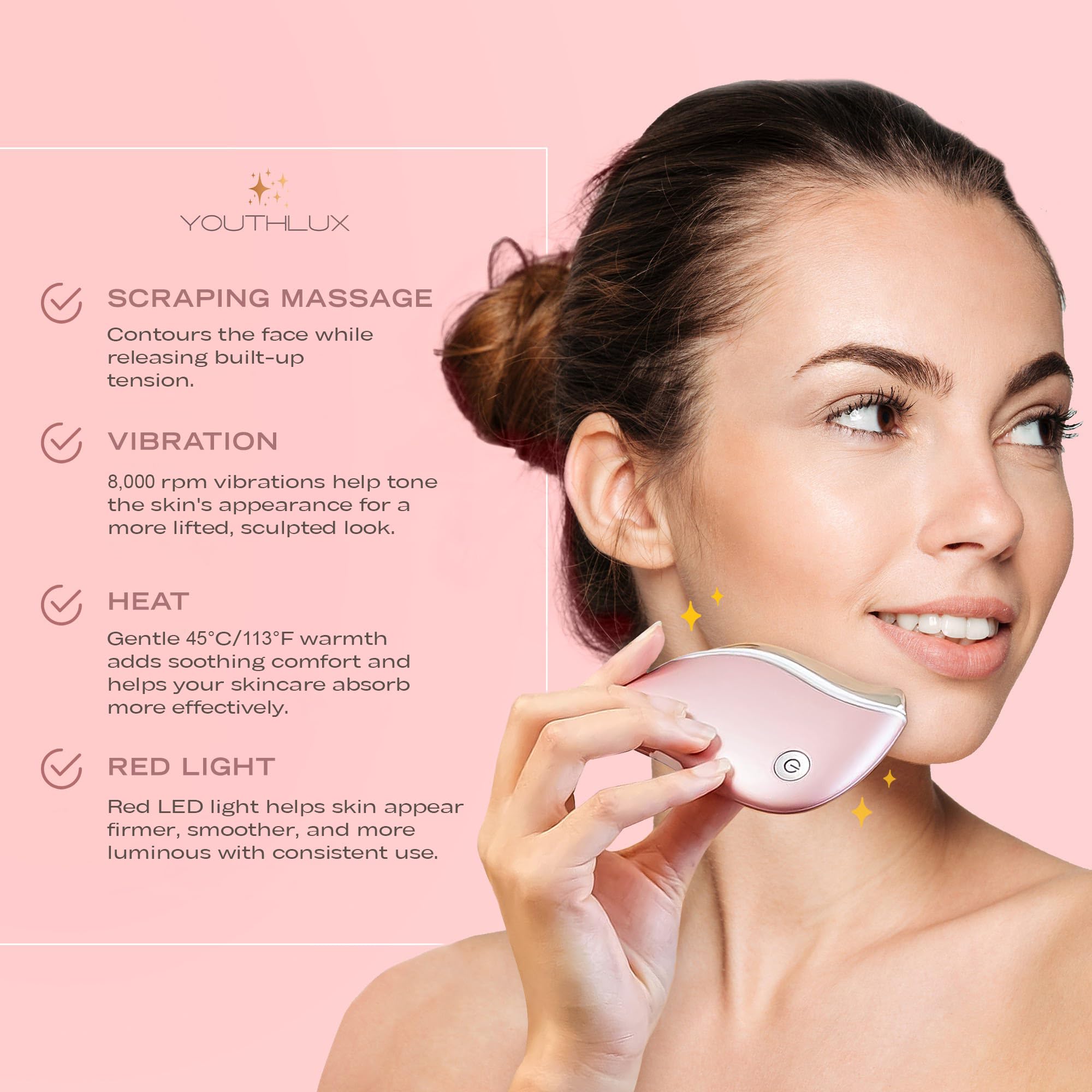 Contoured ergonomic design guides smooth glides along jawline and cheekbones.