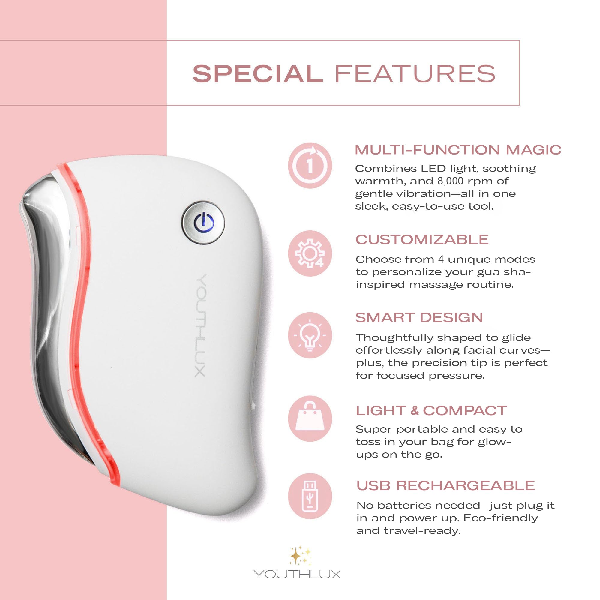 USB rechargeable and wireless, ideal for travel skincare routines.