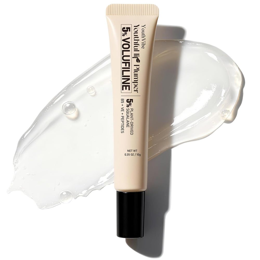 YouthVibe Hydrating Lip Primer & Plumper gloss bottle shows fuller lips and smooth texture