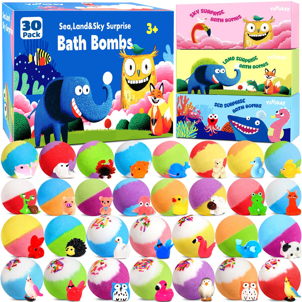 YoYokay 30-bath-bombs packaging shows three themes for bath-time surprises