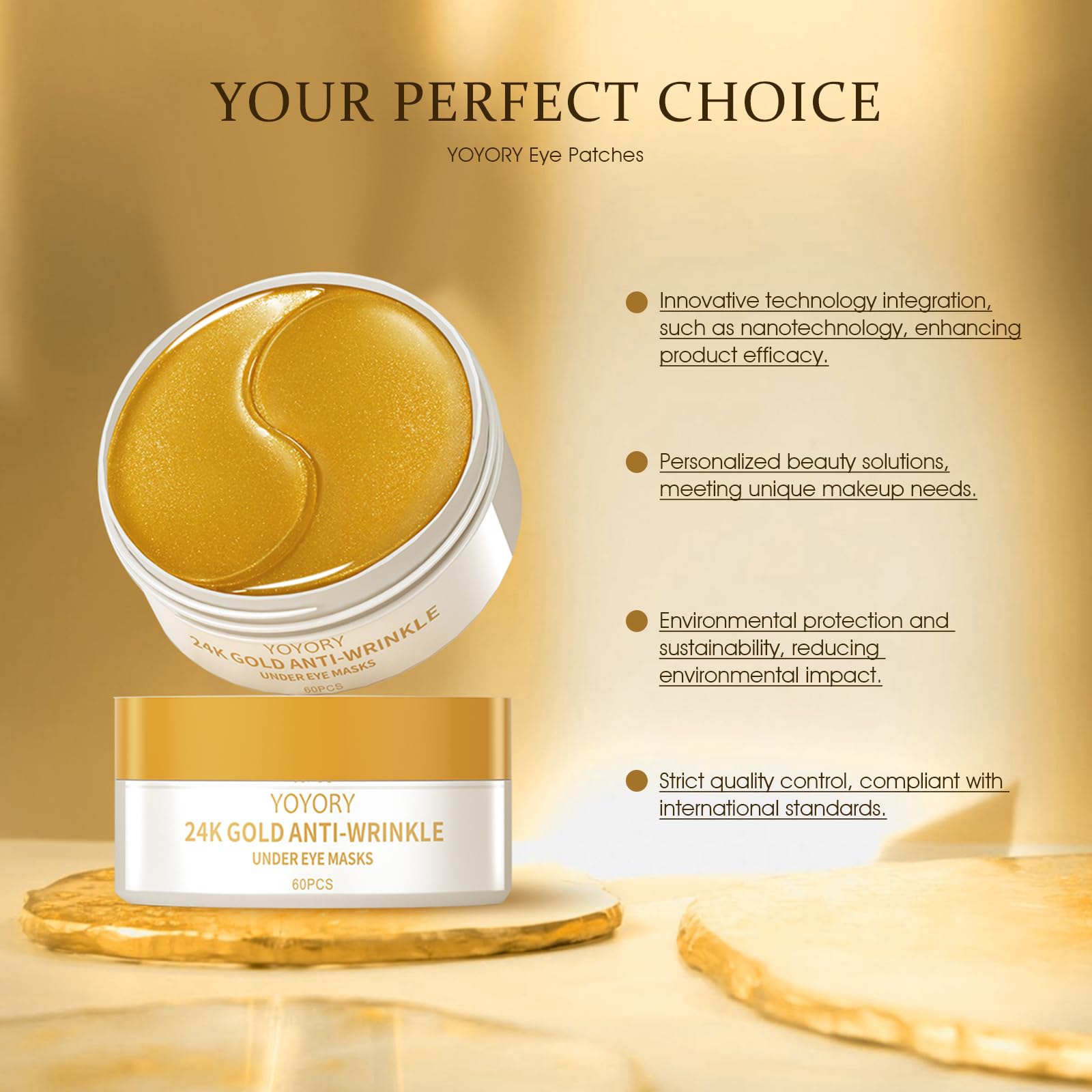 YOYORY 24K gold under-eye patches close-up skin—delivers hydration for smoother under-eye area.