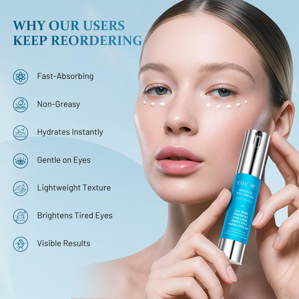 YOYORY retinol under eye cream blue tube closeup highlights smooth texture for under eye hydration