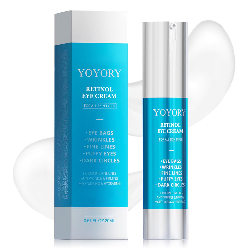 YOYORY retinol under eye cream blue tube front showing sleek packaging for radiant eye area