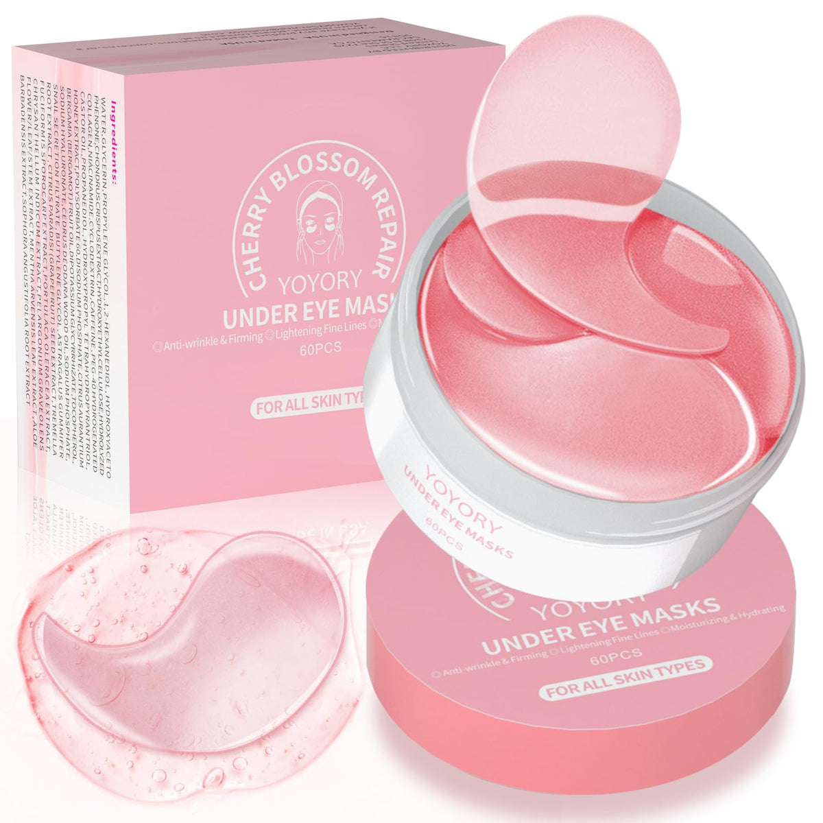 YOYORY under-eye patches pink pack closeup showing soothing hydration for tired eyes