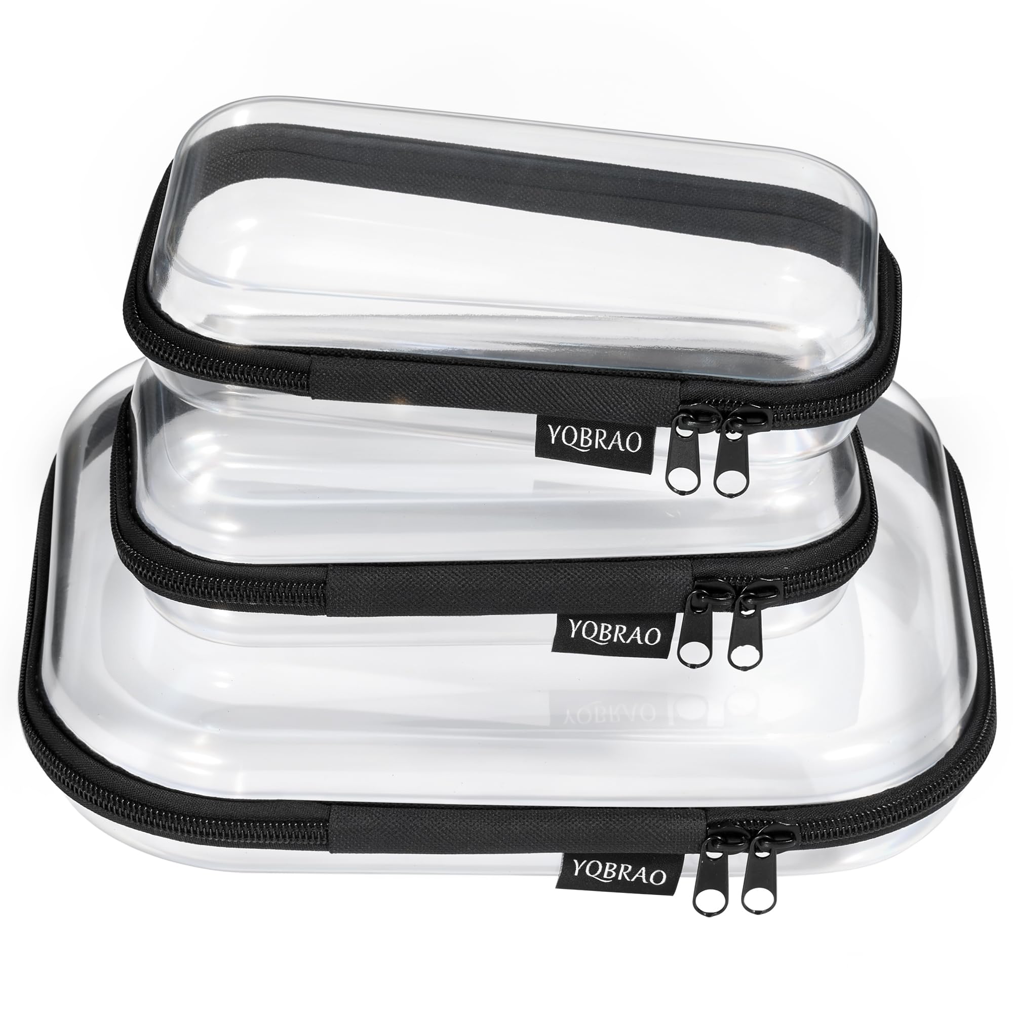 YQBRAO clear hard-shell case front view with neatly organized travel essentials.