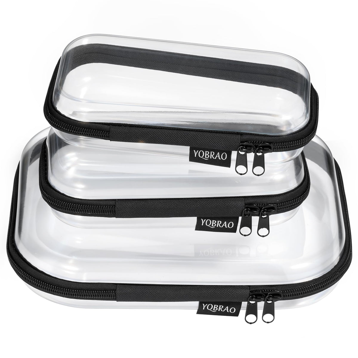 YQBRAO clear hard-shell case front view with neatly organized travel essentials.