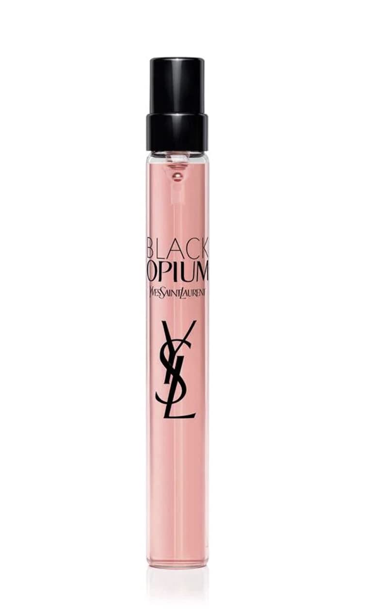 YSL Black Opium EDT spray bottle, 0.33 oz, travel-sized fragrance for on-the-go use.