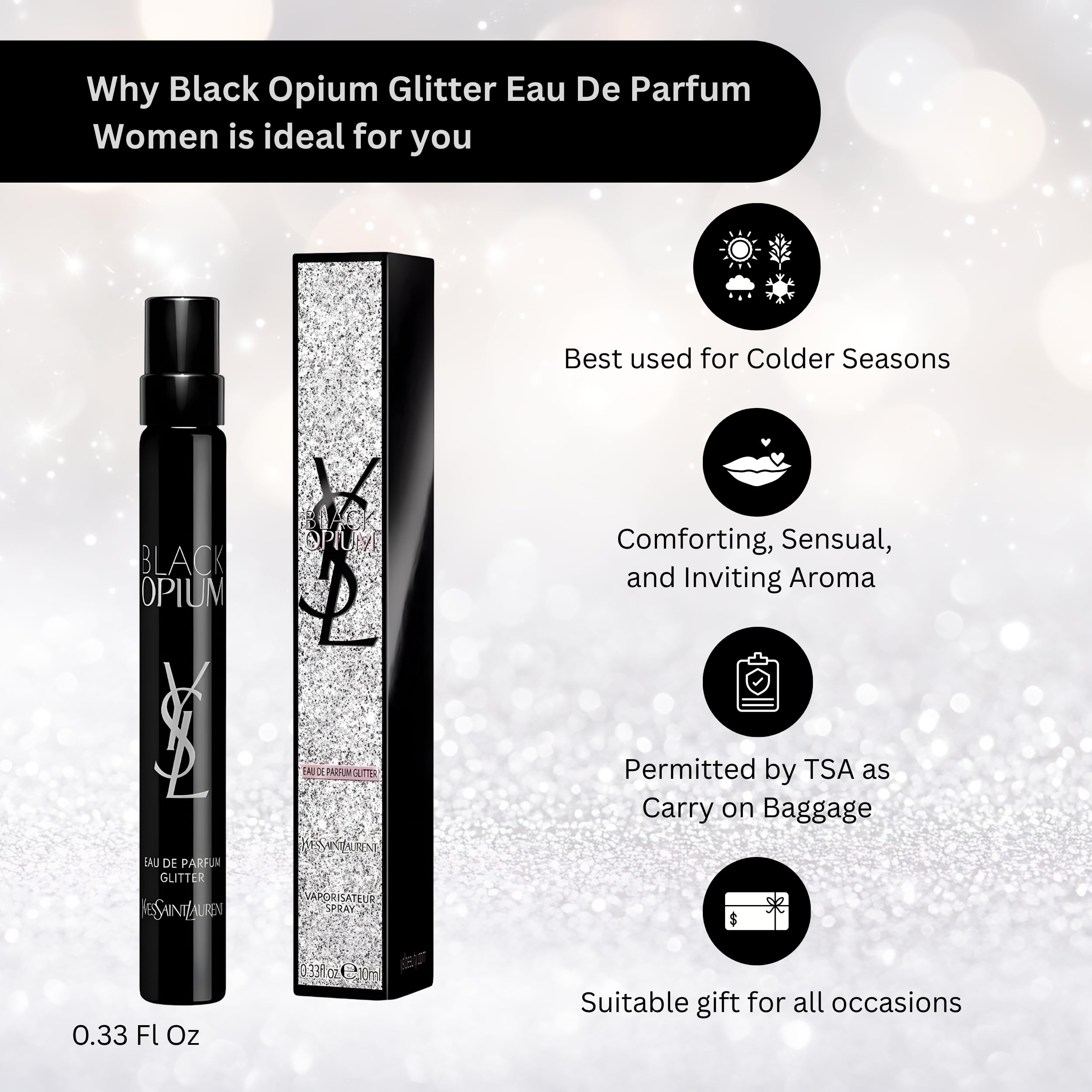YSL Black Opium Glitter front bottle capture for bold, festive wear.