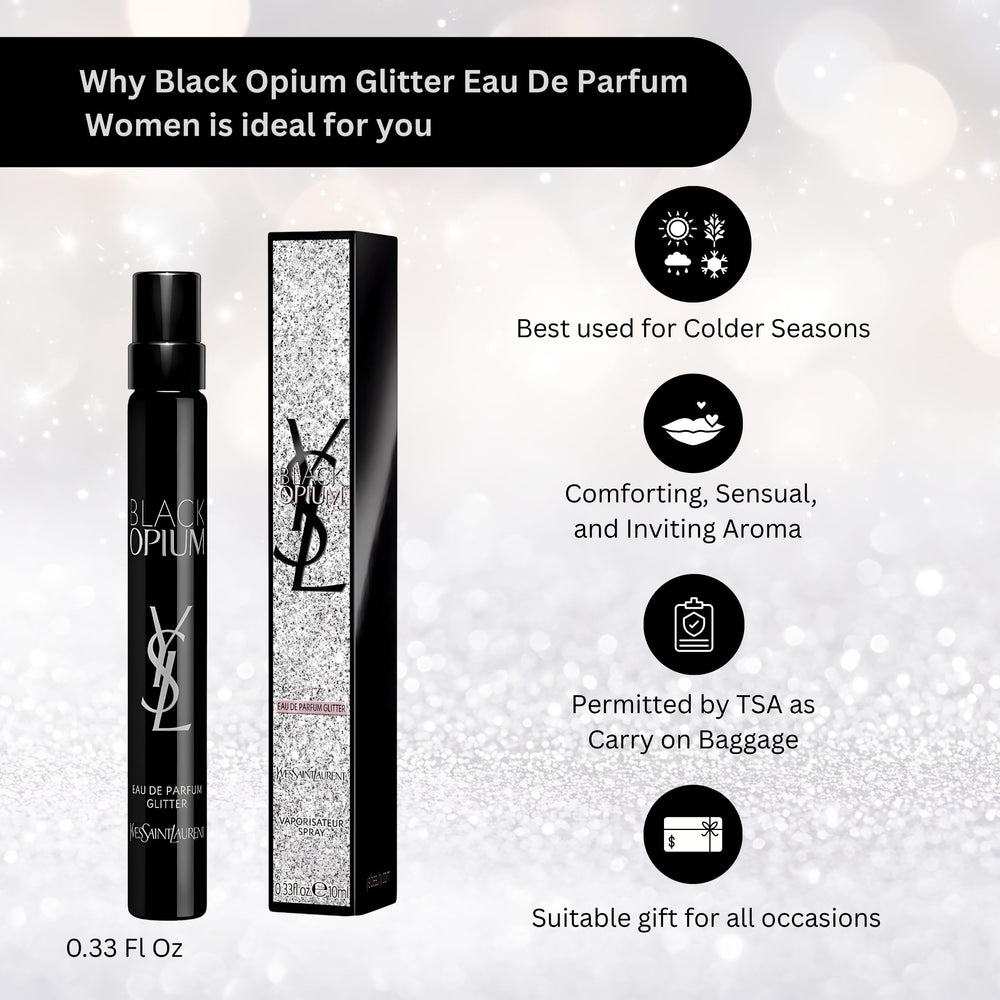 YSL Black Opium Glitter front bottle capture for bold, festive wear.