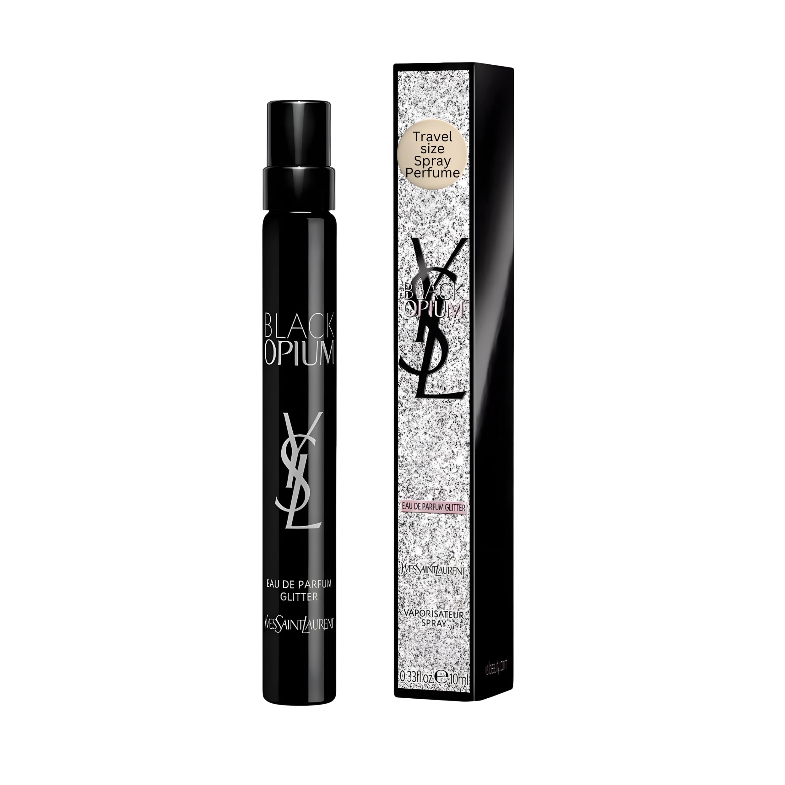 Yves Saint Laurent Black Opium Glitter travel bottle for on-the-go freshness.