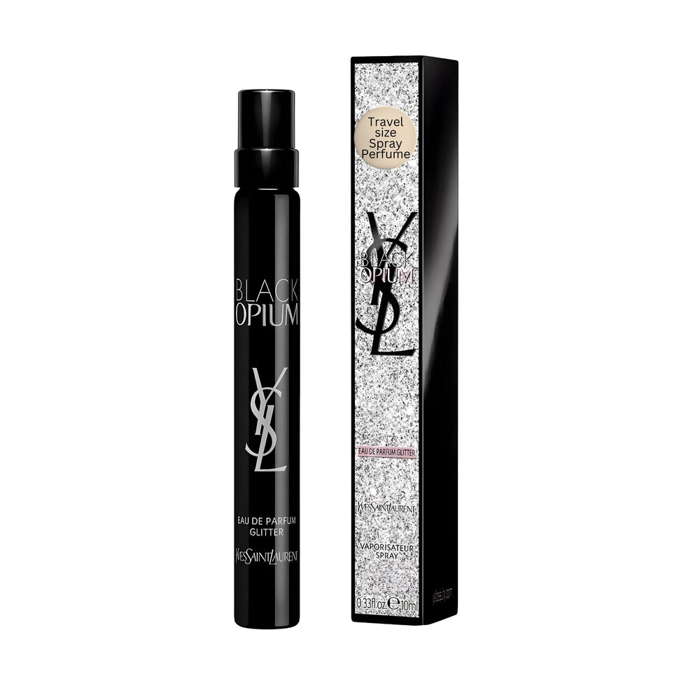 Yves Saint Laurent Black Opium Glitter travel bottle for on-the-go freshness.