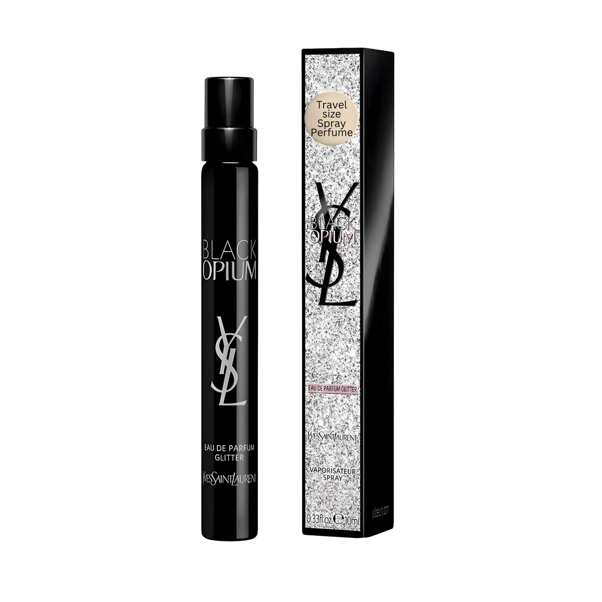 Yves Saint Laurent Black Opium Glitter travel bottle for on-the-go freshness.