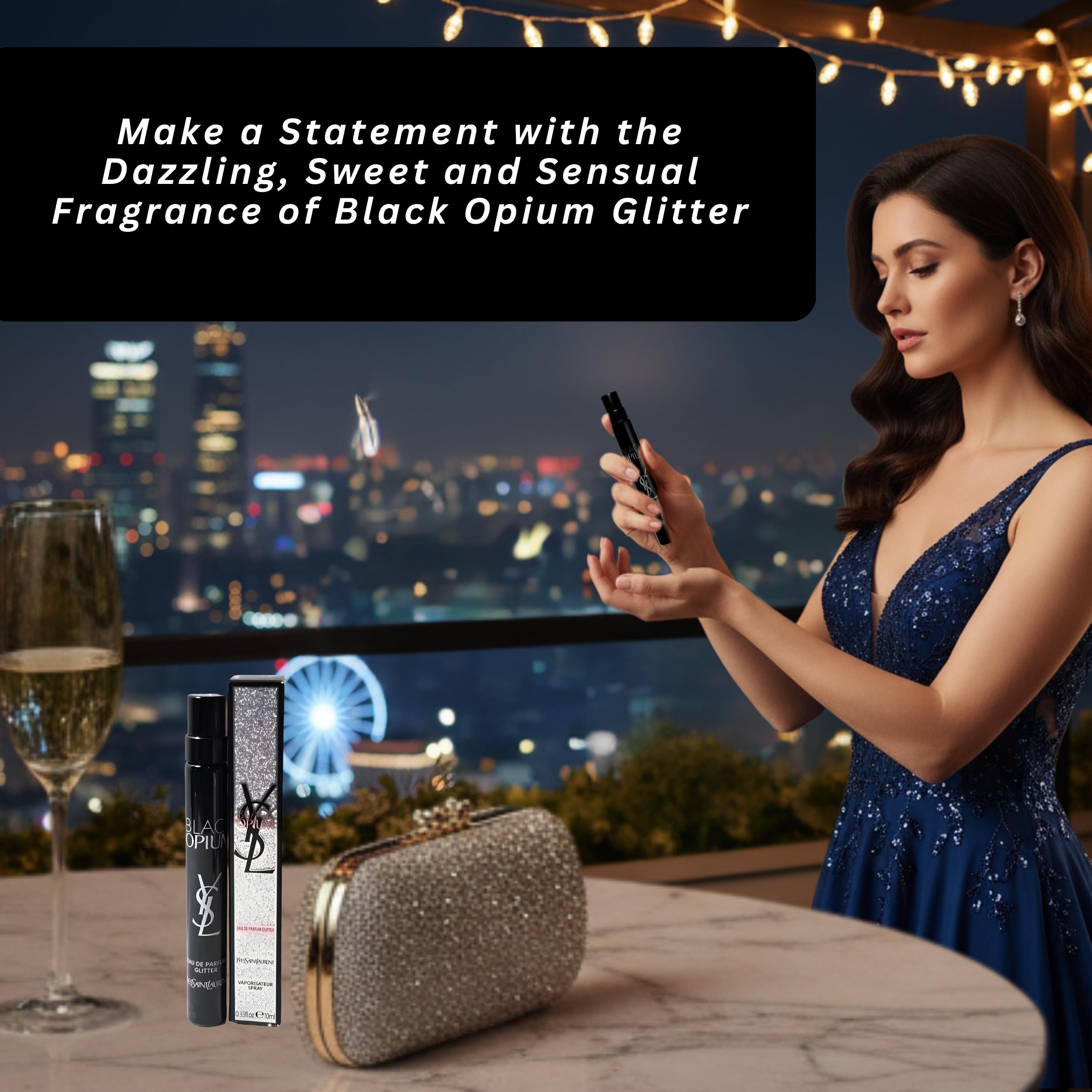 YSL Black Opium Glitter mini spray demonstrates portable fragrance for travel.