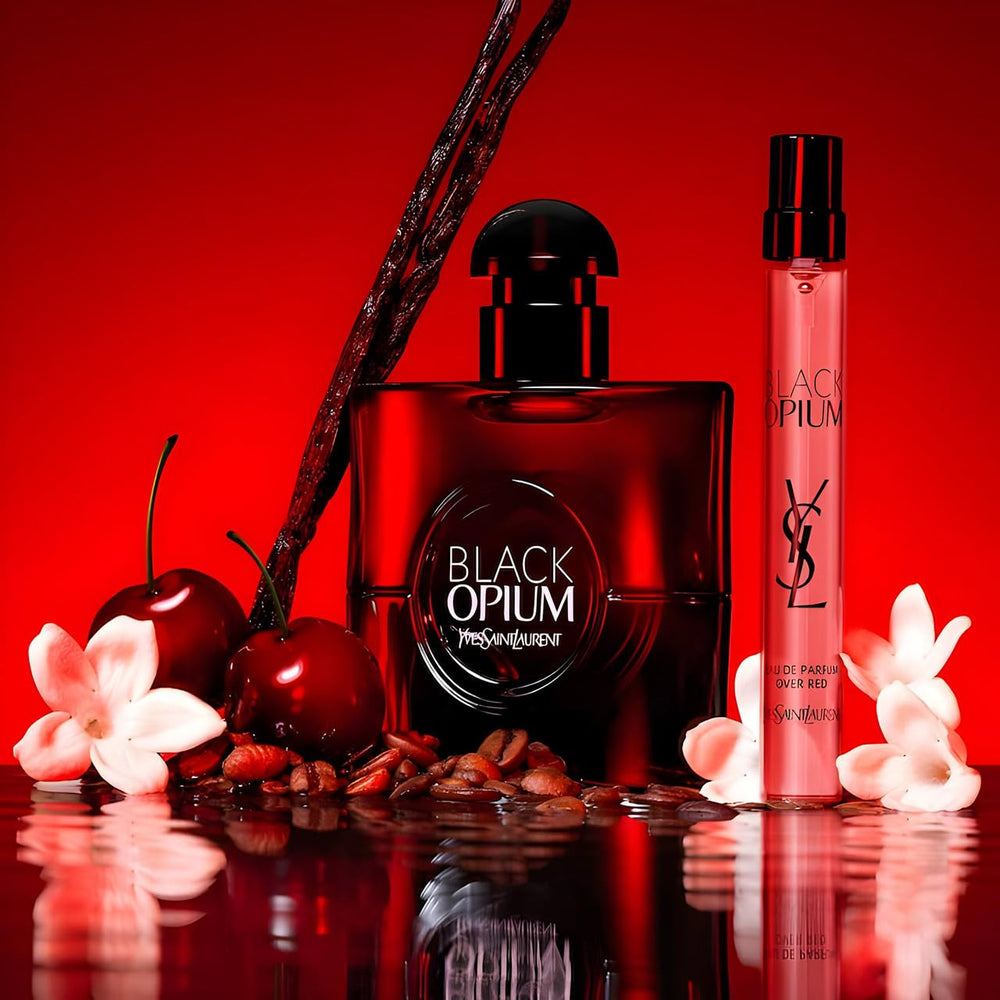 YSL Black Opium Over Red bottle cap detail signals premium design for special occasions.