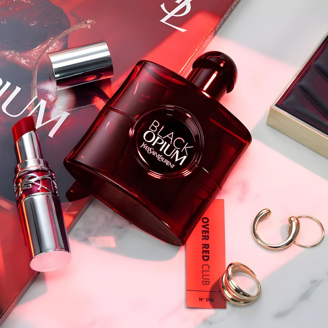 Yves Saint Laurent Black Opium Over Red box front shows luxury gift-ready packaging.