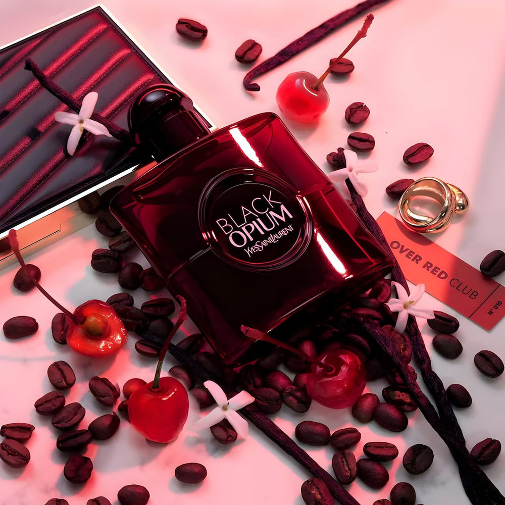 YSL Black Opium Over Red spray action captures the modern, confident fragrance moment.