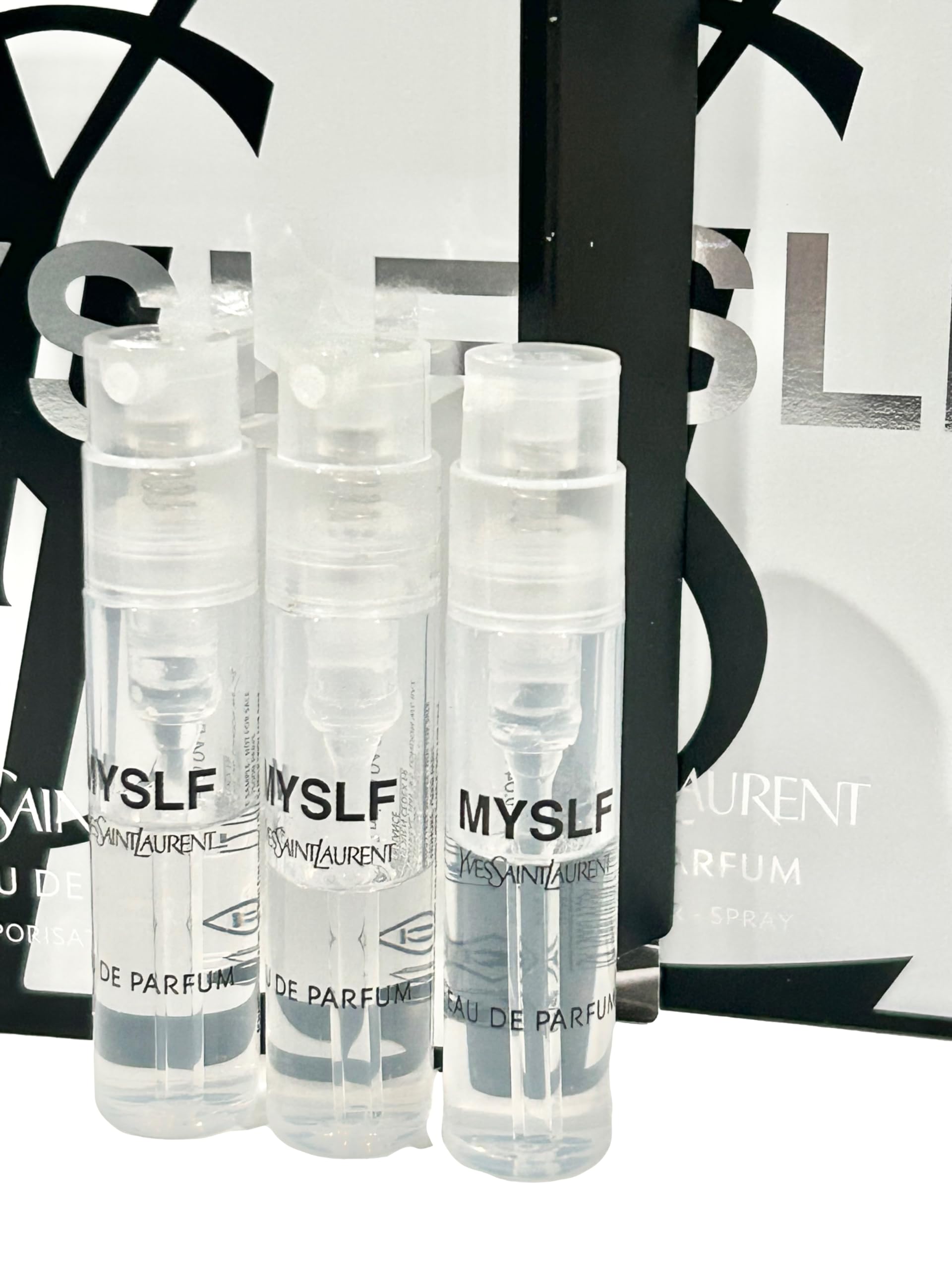 YSL MYSLF vial label close-up highlighting travel-size convenience